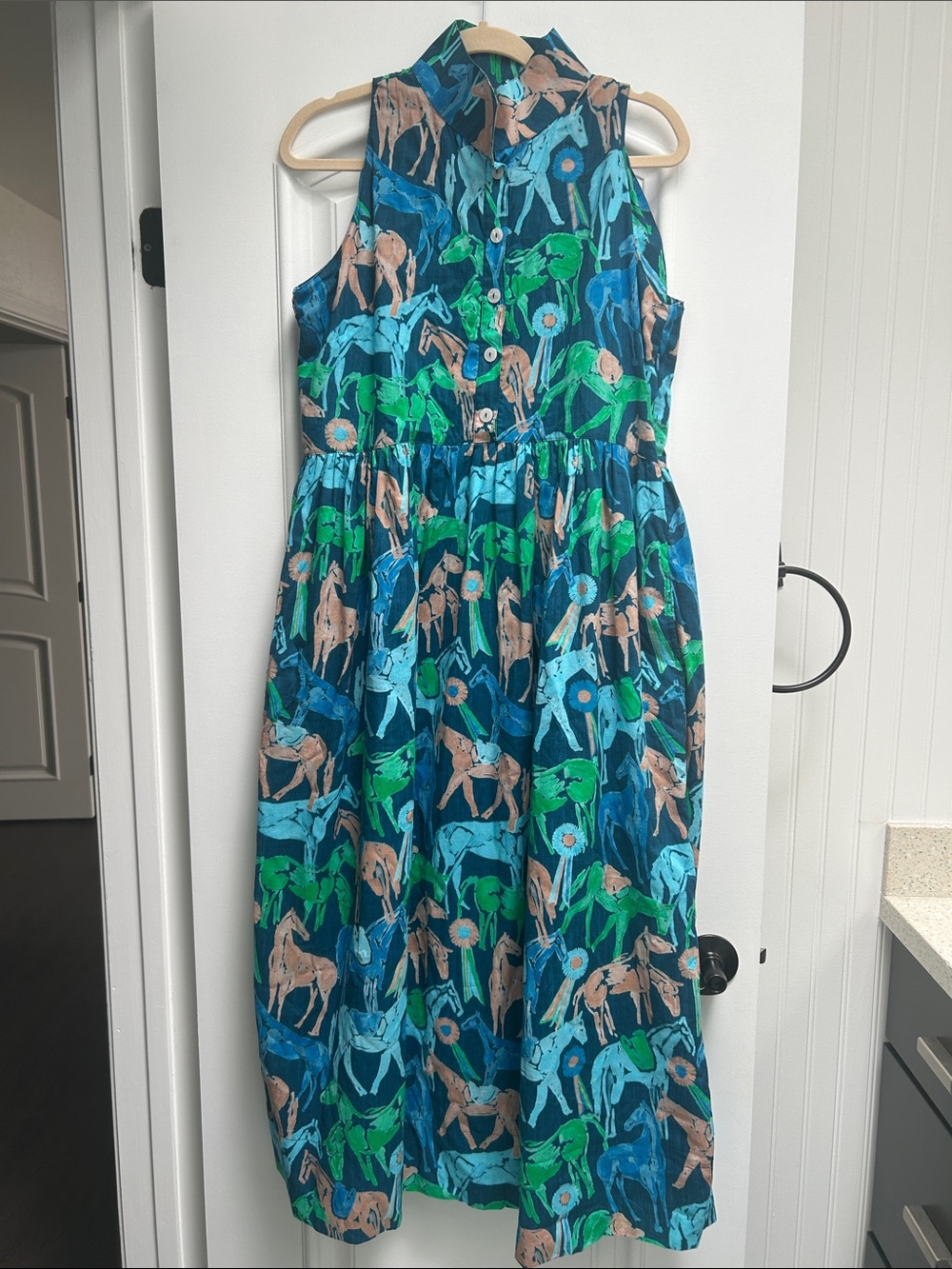 Holly ShaeSleeveless Navy Dress with Teal & Green Horse Print